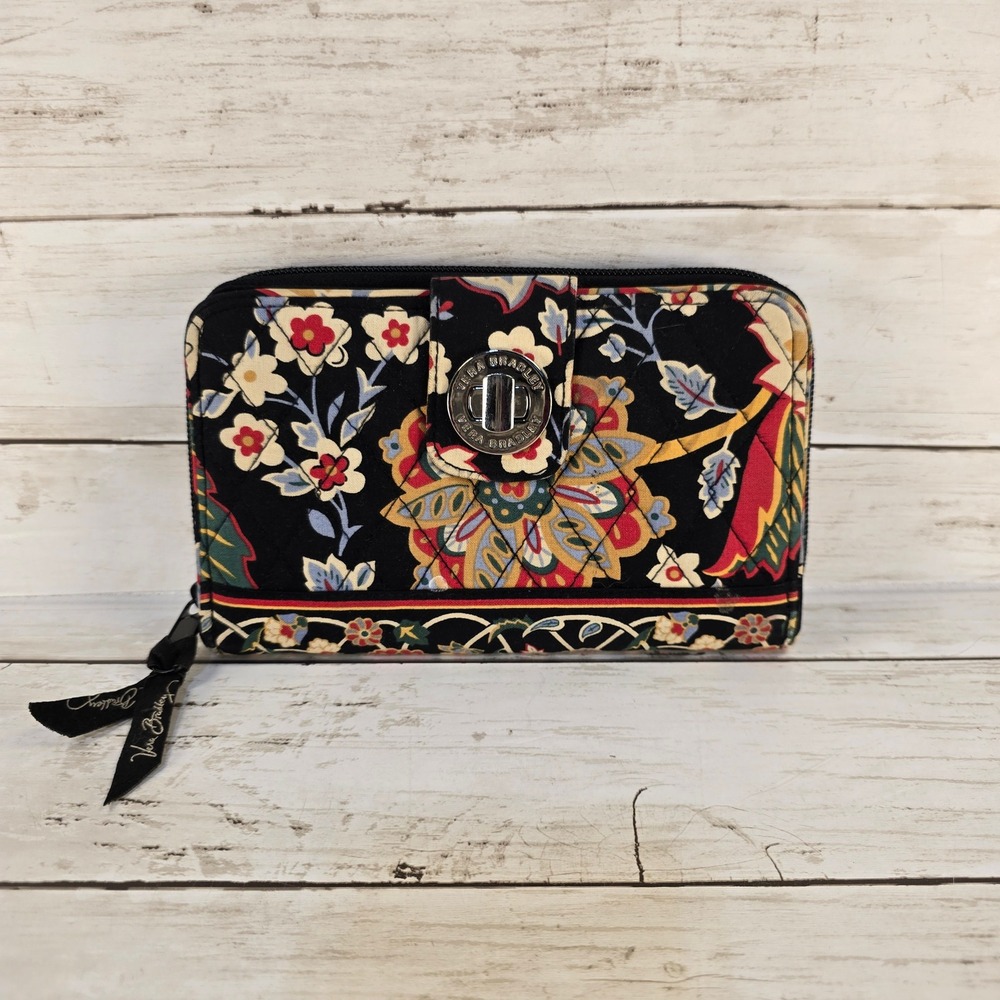 Vera Bradley Turnlock Wallet‎ Provencal Floral Quilted Cotton Black Multi Color - Picture 1 of 7